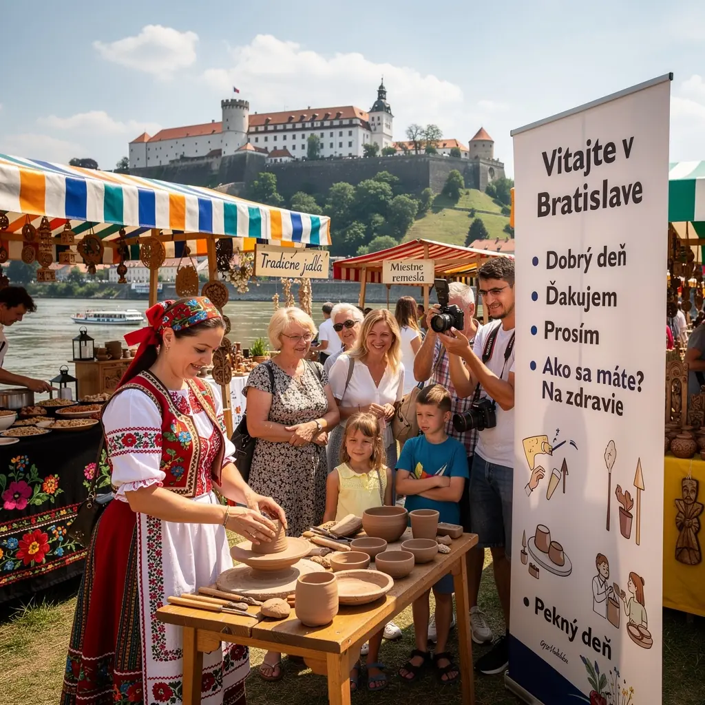 A group of tourists exploring a charming square surrounded by ancient architecture and local shops in Slovakia.